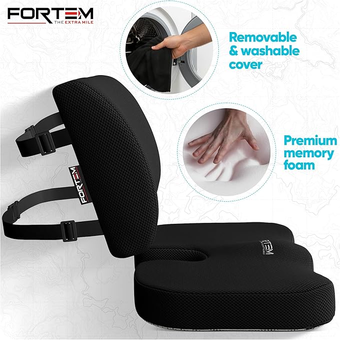 FORTEM Seat Cushion, Office Chair Cushion, Lumbar Support Pillow for Office Chair, Memory Foam Sciatica Coccyx Tailbone Pressure Pain Relief, Car Sitting Pad, Washable Non Slip