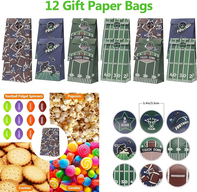 134 Pcs Football Party Favors Set 12 Silicone Bracelet 12 Whistles 12 Keychains 12 Slap Bracelet 12 Tattoo Stickers 12 Fidget Spinners 12 Gift Bags 50 Football Stickers for Football Party Supplies