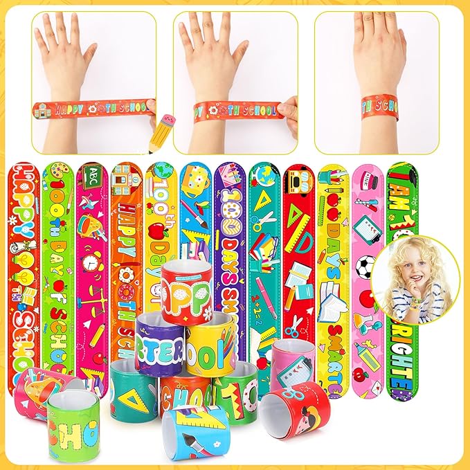 JUNEBRUSHS 100 Days of School Slap Bracelets, 56 Pcs Slap Bracelets for Kids 100th Day of School Party Favors Decorations Snap Bracelets Wristbands for Kindergarten Classroom Student Rewards