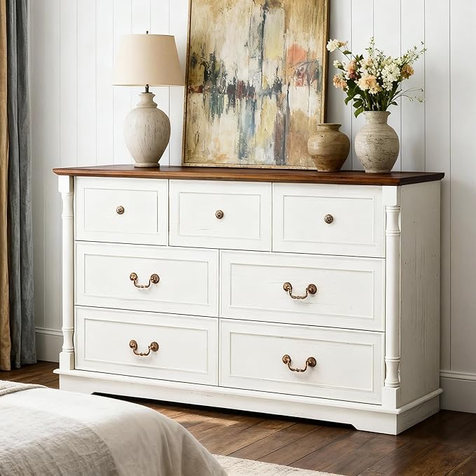 Fkhouse 52" Farmhouse 7 Drawer Dresser for Bedroom,Tall Wide Wood Country Rustic Chest of Drawers,Column Decor,Retro Handle,Natural Texture,Wood Vintage TV Stand,Antique White