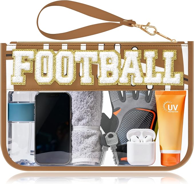 BuyCard Football Gifts Makeup Bag with Chenille Letter Patch, Clear Cosmetic Pouch PVC Organizer Purse, Waterproof Travel Bag, Portable Toiletry Storage Bag for Her Friends