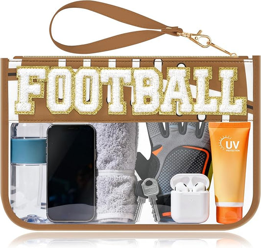 BuyCard Football Gifts Makeup Bag with Chenille Letter Patch, Clear Cosmetic Pouch PVC Organizer Purse, Waterproof Travel Bag, Portable Toiletry Storage Bag for Her Friends
