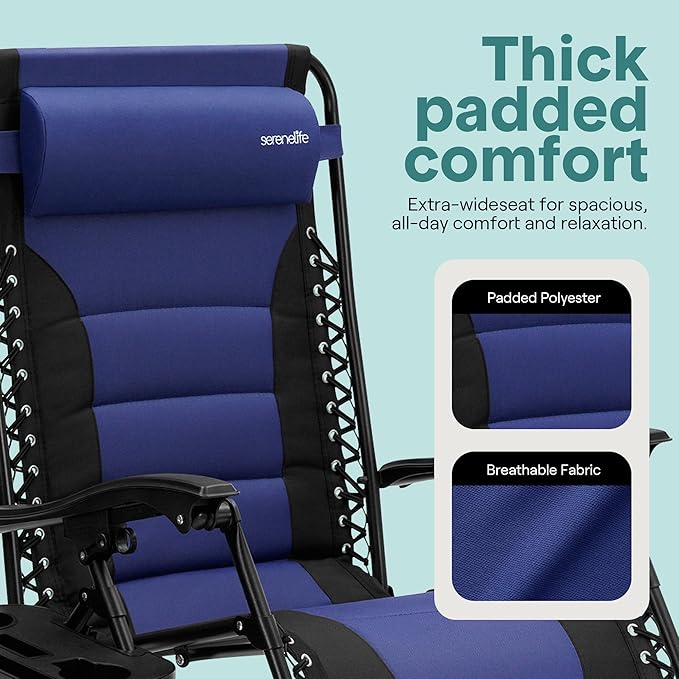 SereneLife Padded Zero Gravity Recliner Chair – Adjustable Foldable Lounge Chair with Side Table, Cup Holder & Headrest, Lockable Recline, Blue & Black, for Patio, Lawn, Camping, or Outdoor Relaxation