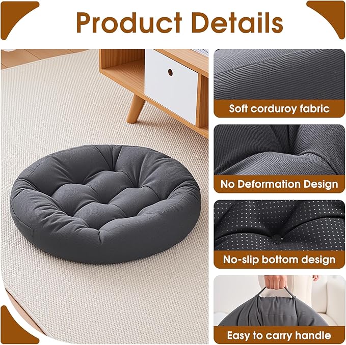 4Pcs Floor Pillows for Adults, 22x22x6 Inch Meditation Cushions, Large Round Sitting Cushion Living Room Memory Foam Pillow for Sitting (4, Grey, 22x22x6 Inch)