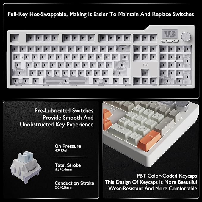 NACODEX AK35I V3 104-Key Full Size Wired Gasket Mount Gaming Keyboard with Multimedia Buttons & Knob Control | Five Layer Pad | OEM Profile PBT Keycaps | White Backlit Custom Keyboard