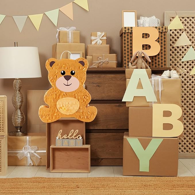 Lewtemi 14.5 Inch Bear Piñata Bear Themed Birthday Party Supplies Animal Piñata with Wood Bat Stick, Paper Blindfold and Confetti for Valentine's Day Baby Shower Party Decor Kid Adult Boy Girl