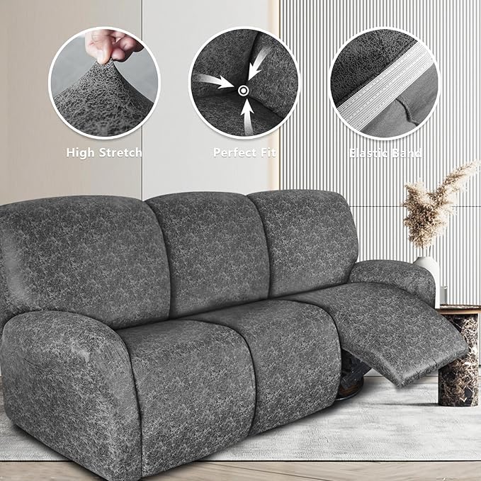 Leather Look Recliner Couch Cover 8-Piece Recliner Sofa Slipcovers 3 Seater for Reclining Couches Furniture Protector Spandex Fabric Washable (3 Seater, Light Grey)