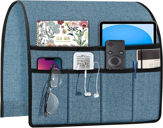 Joywell Remote Holder for Couch Non Slip Sofa Armrest Organizer Armchair Caddy with 6 Pocket Storage for Magazine, Tablet, Phone, iPad, Grey-Blue