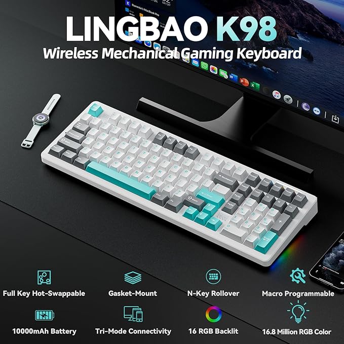 LINGBAO K98 - 96% Mechanical Keyboard Wireless,10000mAh Battery,Wireless Gaming Keyboard BT5.0/2.4G/USB-C, Gasket Hot Swappable,RGB Backlit, Creamy Sounding Keyboards with Number Pad for Win/Mac/PC