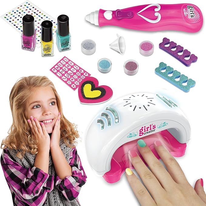 Kids Nail Polish Set for Girls Ages 5-12 Years Old, All-in-One Nail Art Kit with Nail Dryer/Glitter Pen/Nail Polish/Glitter Powder/Toe Separator/File, Toys Gifts for Girl 5 6 7 8 9 10 11 12