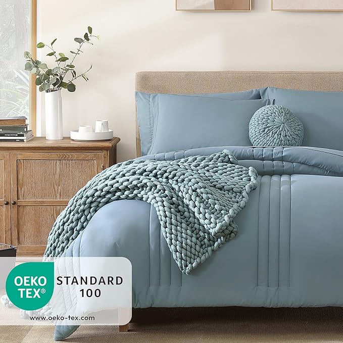 Monbix King Size Comforter Set - 7 Pieces Bed in a Bag King, Dusty Blue Bedding Sets with Comforter, All Seasons Comforter Bed Set with Sheets, Pillowcases & Shams