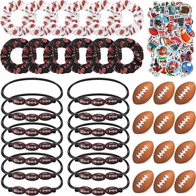 86 Pcs Football Party Favors 50 Sheets Football Stickers 12 Sports Stress Ball Mini Foam Football Ball, 12 Football Charm Bracelets, 12 Football Scrunchie Sports Valentines Football Gifts Supplies
