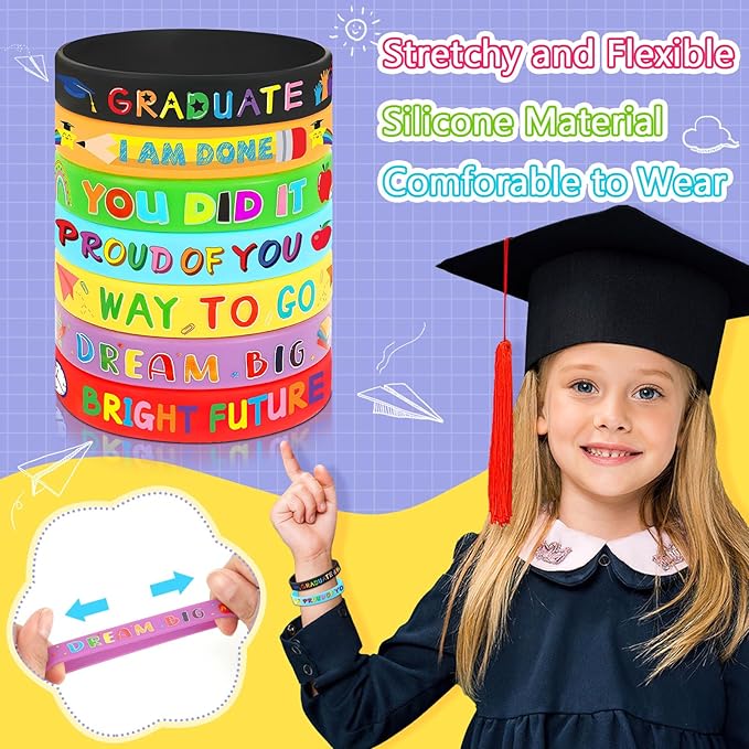 JUNEBRUSHS 42pcs Kindergarten Preschool Graduation Party Favors Silicone Bracelets Rubber Wristbands Supplies for Class of 2024 Graduation Kindergarten Preschool Party Favors Accessories