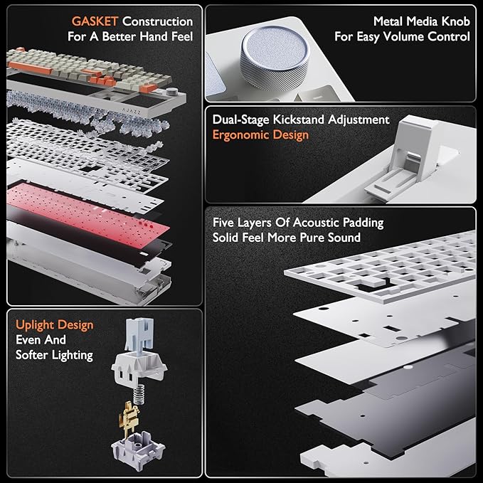 NACODEX AK35I V3 104-Key Full Size Wired Gasket Mount Gaming Keyboard with Multimedia Buttons & Knob Control | Five Layer Pad | OEM Profile PBT Keycaps | White Backlit Custom Keyboard