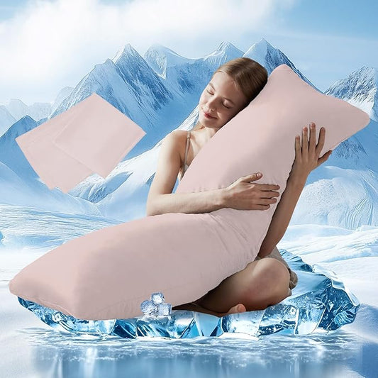 DOWNCOOL Large Body Pillow Insert with Cooling Cover - Soft Long Bed Pillow for Summer - Breathable Full Body Pillow for Adults - 20x54 inch (Pink, with Cover)