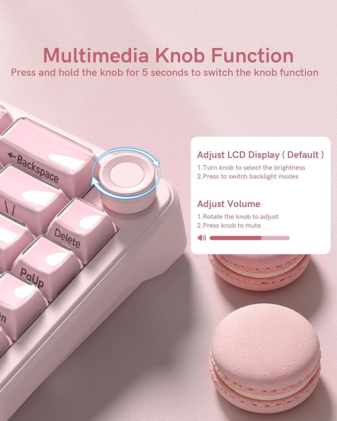 Keymatic 65% Layout Wireless Mechanical Keyboard,Cute Crystal Gaming Keyboard with Knob, Hot Swappable Pre-lubed Switches,Gasket Mounted RGB for Win/Mac,Pink