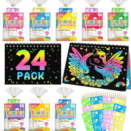 Kids Art Party Favors Gifts: 24 Pack Rainbow Scratch Art Notebook Paper Birthday Party Favor Toy Girls Boys Art Craft Kit Bulk Classroom Goodie Bags Gift Stocking Stuffers Halloween