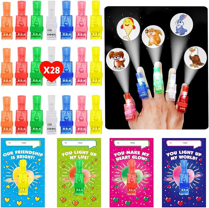 28 Pack Valentines Cards for Kids with LED Finger Lights, Valentines Day Gifts for Kids, Light Up Toys Bulk Valentines Day Cards for Kids Classroom School Exchange Prize Party Favors Set