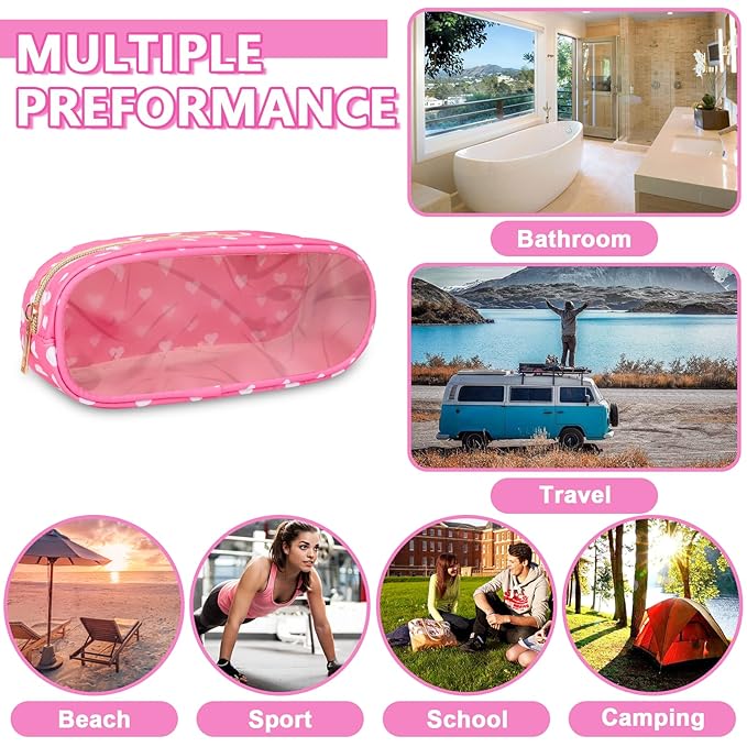 UIXIZQ Clear Small Pencil Pouch Makeup Bag for Purse,Nylon&PVC Pencil Case Waterproof Makeup Brush Holder with Zipper,Preppy Transparent Pen Bag Travel Cosmetic Bag for Women Office(Slim-Pink Heart)