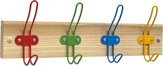 Kids Coat Hook Rack for Boys and Girls for Jackets Clothes Hats Backpacks Robes and Towels - Kids Hanger for Use in Nursery Bedroom and Bathroom - Colorful Wire Hooks and Lacquer Rail