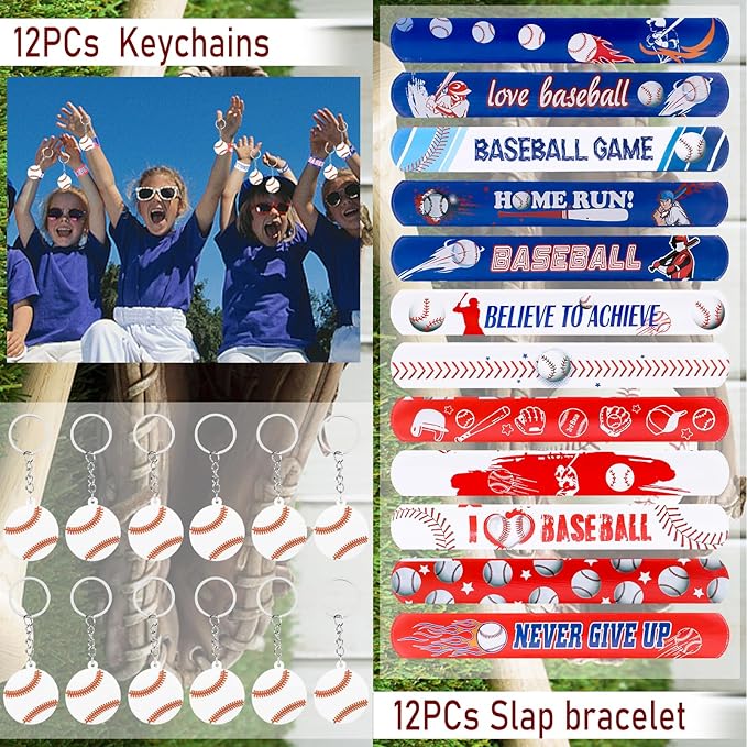 208Pcs Baseball Party Favors with Baseball Party Bags Baseball Whistle Mini Foam Baseball Ball Slap Bracelets Keychains Sticker Tattoo Eraser for Baseball Party Goodie Bag Fillers Party Decorations