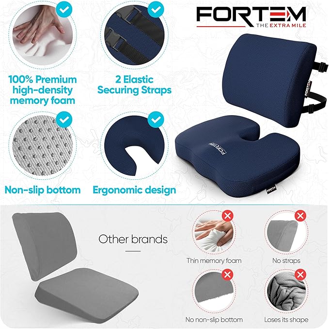 FORTEM Seat Cushion, Office Chair Cushion, Lumbar Support Pillow for Office Chair, Memory Foam Sciatica Coccyx Tailbone Pressure Pain Relief, Car Sitting Pad, Washable Non Slip