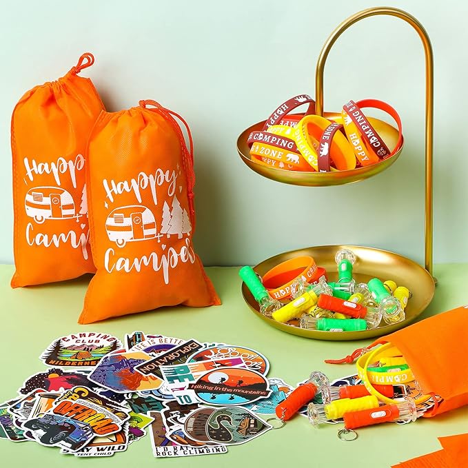 Camping Party Favors Camp Party Gifts Include Camping Themed Silicone Bracelet Mini Flashlight Keychain Assorted Camping Sticker and Gifts Drawstring Bags Camping Party Supplies for Kids (110 Pieces)