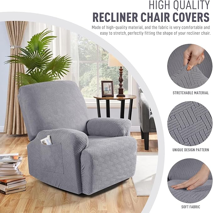 KinCam Recliner Covers, Stretch Reclining Chair Covers, Recliner Sofa Slipcovers Stripe Jacquard Recliner Couch Covers Furniture Protector Covers for Pet Kid (1 XL Seater, Light Gray)