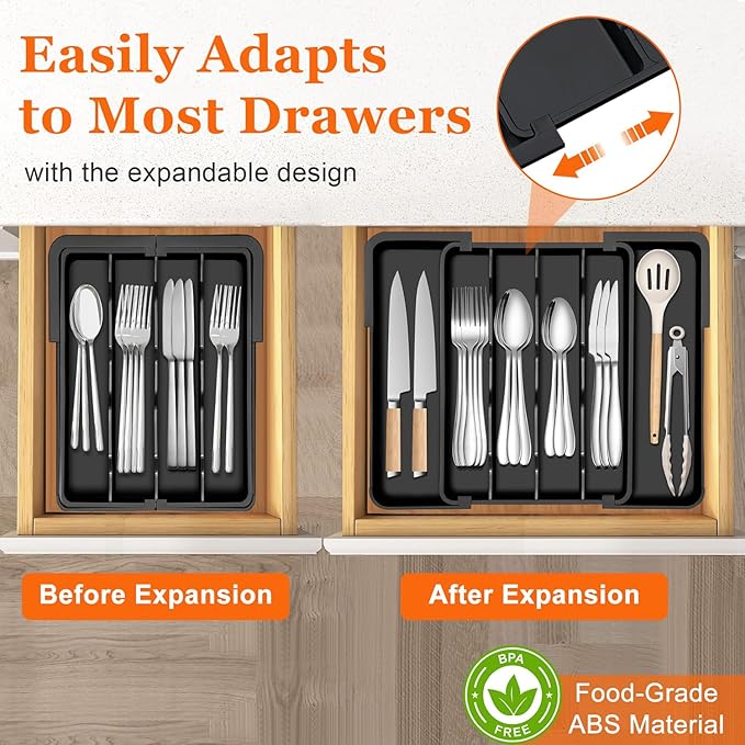 Spaclear Kitchen Silverware Organizer for Drawer - Expandable Silverware Drawer Organizer Adjustable Utensil Drawer Holder, Flatware Cutlery Tray for Spoons Forks Kitchen Organizers Storage,Black,M