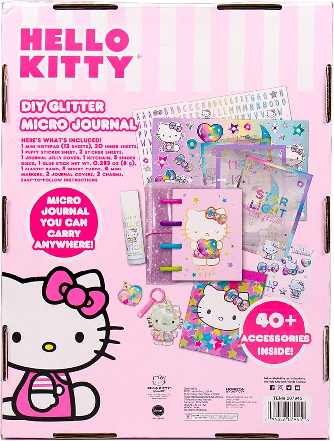 Horizon Group USA Hello Kitty DIY Glitter Micro Journal, 40+ Stationery Accessories Including Hello Kitty Stickers, Surprise Keychain, Interchangeable Binder Discs, Squishy Glitter Cover & More