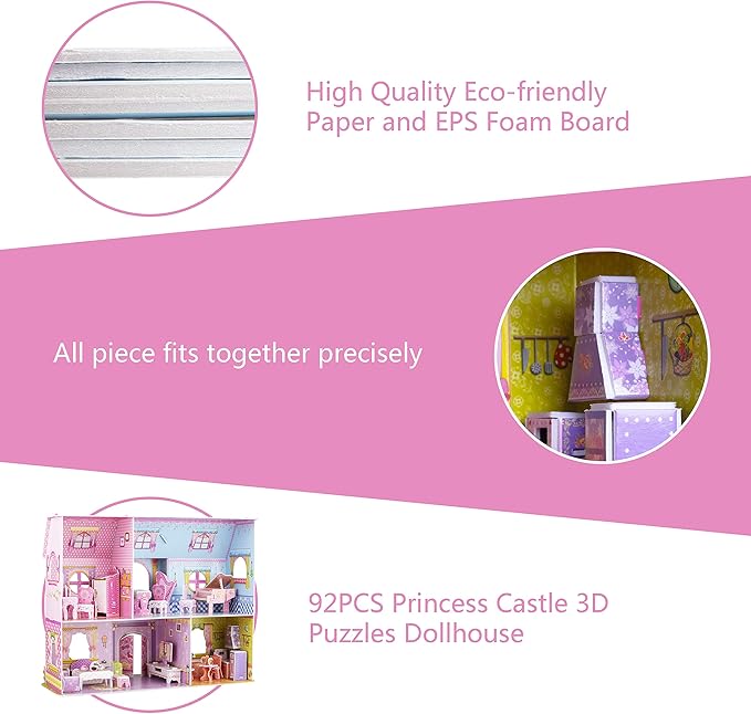 WISESTAR Large Princess Castle 3D Puzzles Model Dollhouse Kits for Girls, 92PCS Fairytale House with Furniture, Educational Toy Birthday for Kids and Adults Fit for Kids Over 8 Years