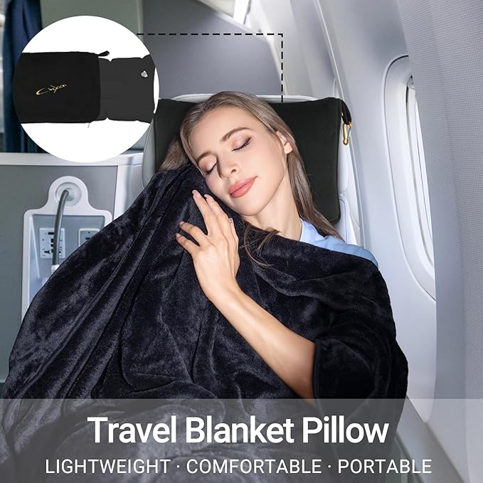 CLEXION Travel Blanket & Pillow Set, 300 GSM Soft Fleece, 60x43 Inches, 3-in-1 Airplane Blanket, Travel Pillow and Blanket Set, Travel Blanket Airplane Compact with Bag, Travel Essentials, Black