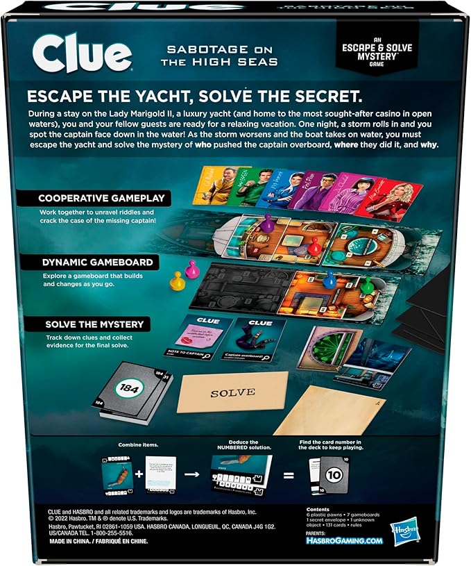 Clue Board Game Sabotage on The High Seas, Escape Room Game, Murder Mystery Games, Cooperative Family Board Game, 1-6 Players, 10+