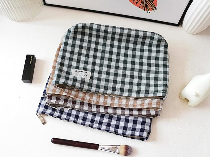 HAPPYHEIDI Brown Gingham Cotton Makeup Bag Cosmetic Travel Pouch Purse Organizer, Zipper Closure, Canvas Lined, Vintage Coffee Brown