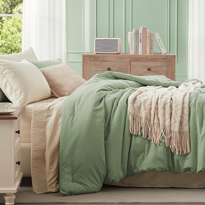 Anluoer Sage and Cream Queen Comforter Set 7 Pieces, Bed in a Bag with Sheets, All Season Bedding Sets with 1 Comforter, 2 Pillow Shams, 2 Pillowcases, 1 Flat Sheet, 1 Fitted Sheet