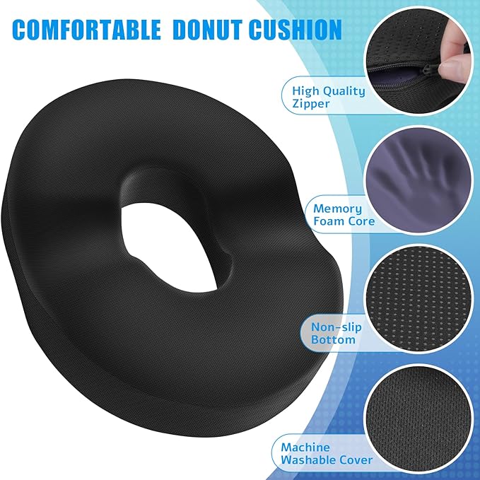 BlissTrends Donut Pillow Seat Cushion,Donut Chair Cushions for Postpartum Pregnancy & Hemorrhoids,Tailbone Pain Relief Cushion,Memory Foam Lifting Cushions for Office&Home Chairs (Black)