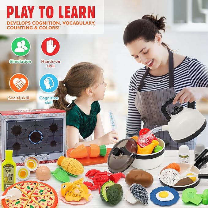 39 Items 62Pcs Play Kitchen Toy Accessories Set, Kids Kitchen Set with Play Pots and Pans, Pretend Play Food, Cooking Utensils, Apron, Toddler Kitchen Playset Kids Girls Boys Age 3+…
