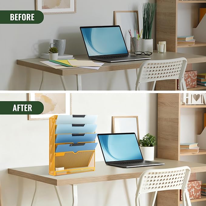 EASEPRES 6 Tier Mesh Hanging Wall File Organizer, Desk Vertical Mail Paper Document Folder Holder Rack with Bottom Tray and Nametag Label for Office Home School, Yellow