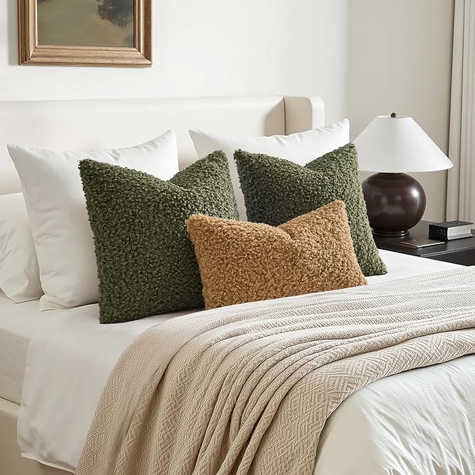 Woaboy Faux Fur Throw Pillow Covers 18x18 Inch Set of 2 Boucle Neutral Decorative Sherpa Fuzzy Accent Soft Sheepskin Fleece Cushions Modern Home Decor for Couch Sofa Bedroom Living Room,Olive Green