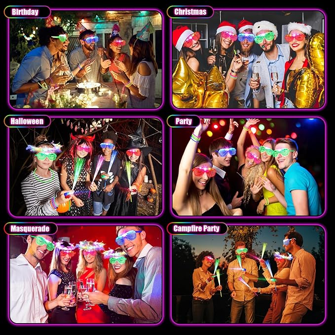 196PCS Glow in the Dark Party Supplies, Light Up Party Favors with 24 LED Glasses, 24 Fiber Optic Wands, 8 Hairbands, 40 Finger Lights,100 Glow Sticks for Kids Adults Neon Party Decorations