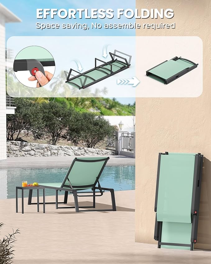 Aluminum Chaise Lounge Chair Outdoor, Foldable & Assembly Free Patio Pool Lounge Chairs 5-Position Recliner for Outside Poolside, Fully Grounded Legs Sun Lounger for Beach, Yard, Light Green