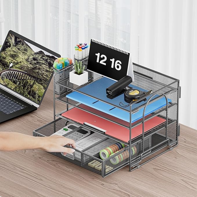 Marbrasse Desk Organizer and Accessories4-Tier Paper File Letter Tray Accessories & Workspace Desk Organizers with Drawer and 2 Pen Holders for School Home Office Supplies (Grey)