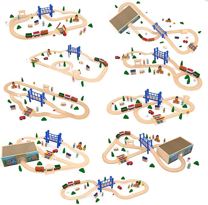 Orbrium Toys 52 Pcs Deluxe Wooden Train Set with 3 Destinations Fits Thomas, Brio, Chuggington, Melissa and Doug, Imaginarium Wooden Train