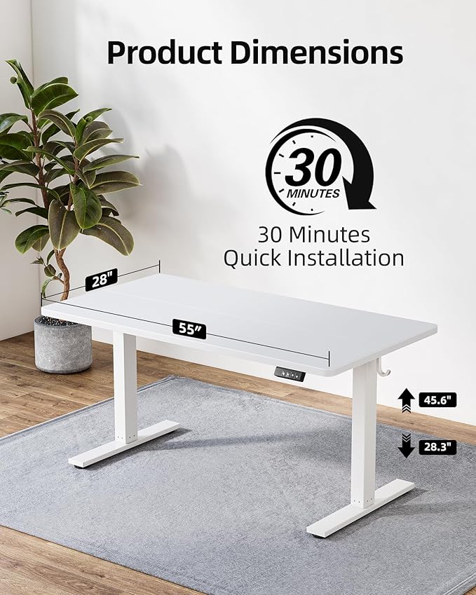 TIQLAB Electric Standing Desk, Adjustable Height Stand up Desk, 55 * 28 Inches Sit Stand Home Office Table with Splice Board, White