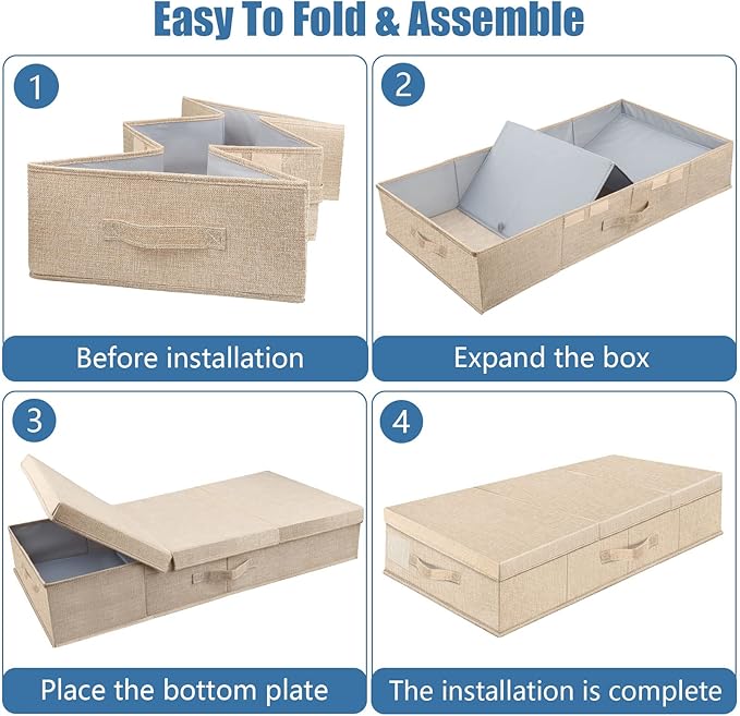 Underbed Storage Containers Bin with Lids (Set of 2) Large Under Bed Storage Organizer Box with Handle, Foldable Under the Storage Bags for Organizing Clothes, Shoes, Blankets, Pillows-Khaki