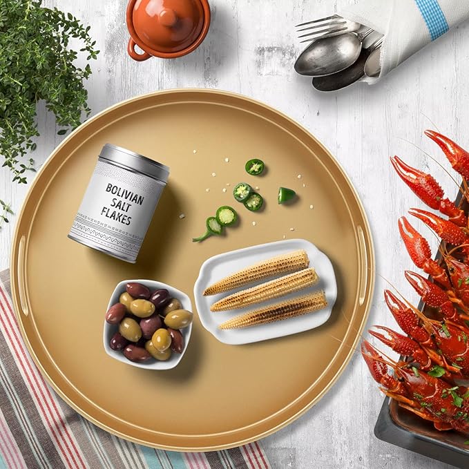 Omuriko Gold Round Decorative Tray with Handles, 13" Versatile Serving Tray for Coffee Table, Ottoman, Ideal for Serving, Displaying, Organizing