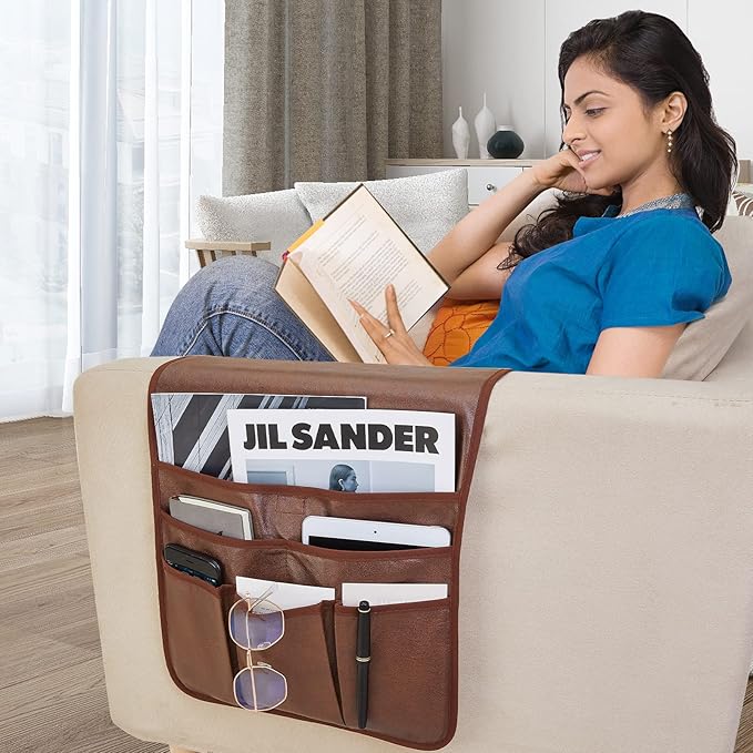 Teniux Remote Control Holder Faux Leather Armrest Organizer with 6 Pockets for Recliner Couch Sofa, Armchair Caddy for Smart Phone, Book, Magazines, Ipad, Remotes (Brown)