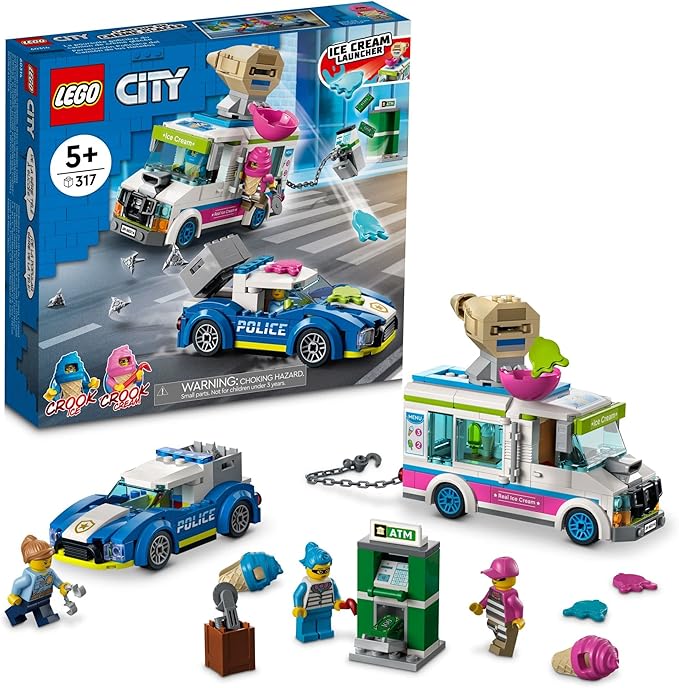 LEGO City Ice Cream Truck Police Chase Van 60314 Toy for Kids, Girls and Boys Age 5 Plus Years Old with Splat Launcher & City Police Car
