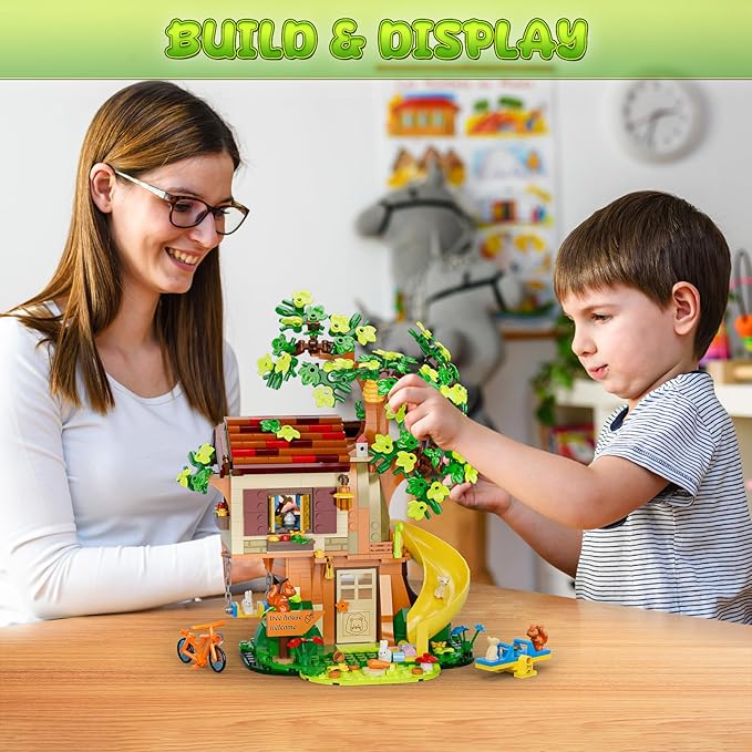 Treehouse Building Blocks Set, Natural Eco Cozy Cottage Educational Toy, Tree House Architecture Sets with Animals, Slide, Swing, Seesaw, Bicycle, Gifts for Kids, Girls and Boys Ages 8 Plus