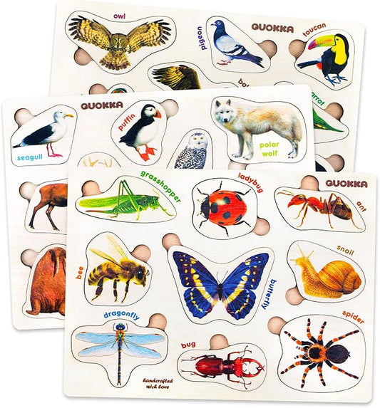 QUOKKA Wooden Puzzles for Toddlers 1-3 – 3xSET Kids Puzzles Ages 2-4 – Montessori Toy Puzzles for Toddlers 3-5 – Wood Toy Learning Realistic Insects - Arctic Animals - Birds for Boy and Girl